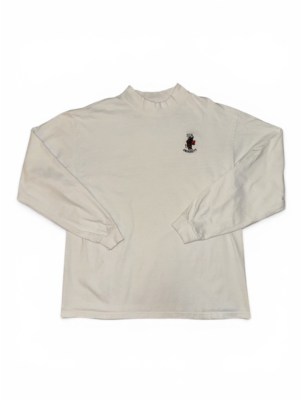 Vintage Anvil Mock Neck Long Sleeve Shirt STA University Embroidered White Large